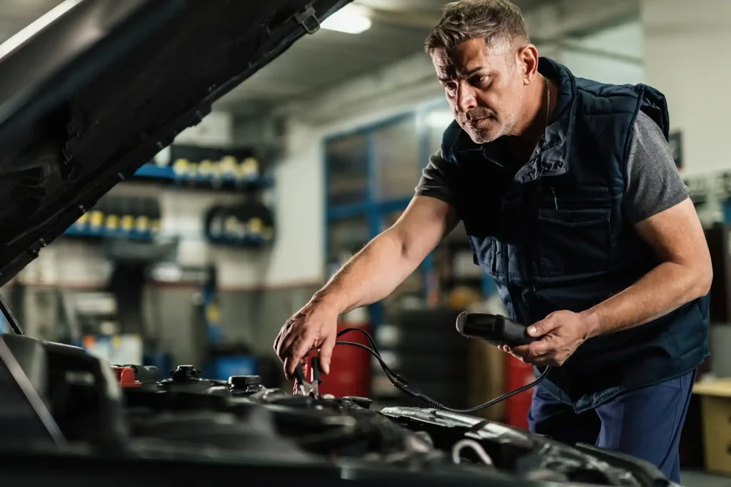 Mechanic hands performing vehicle maintenance and engine inspection at a car repair shop in Sugar Land
