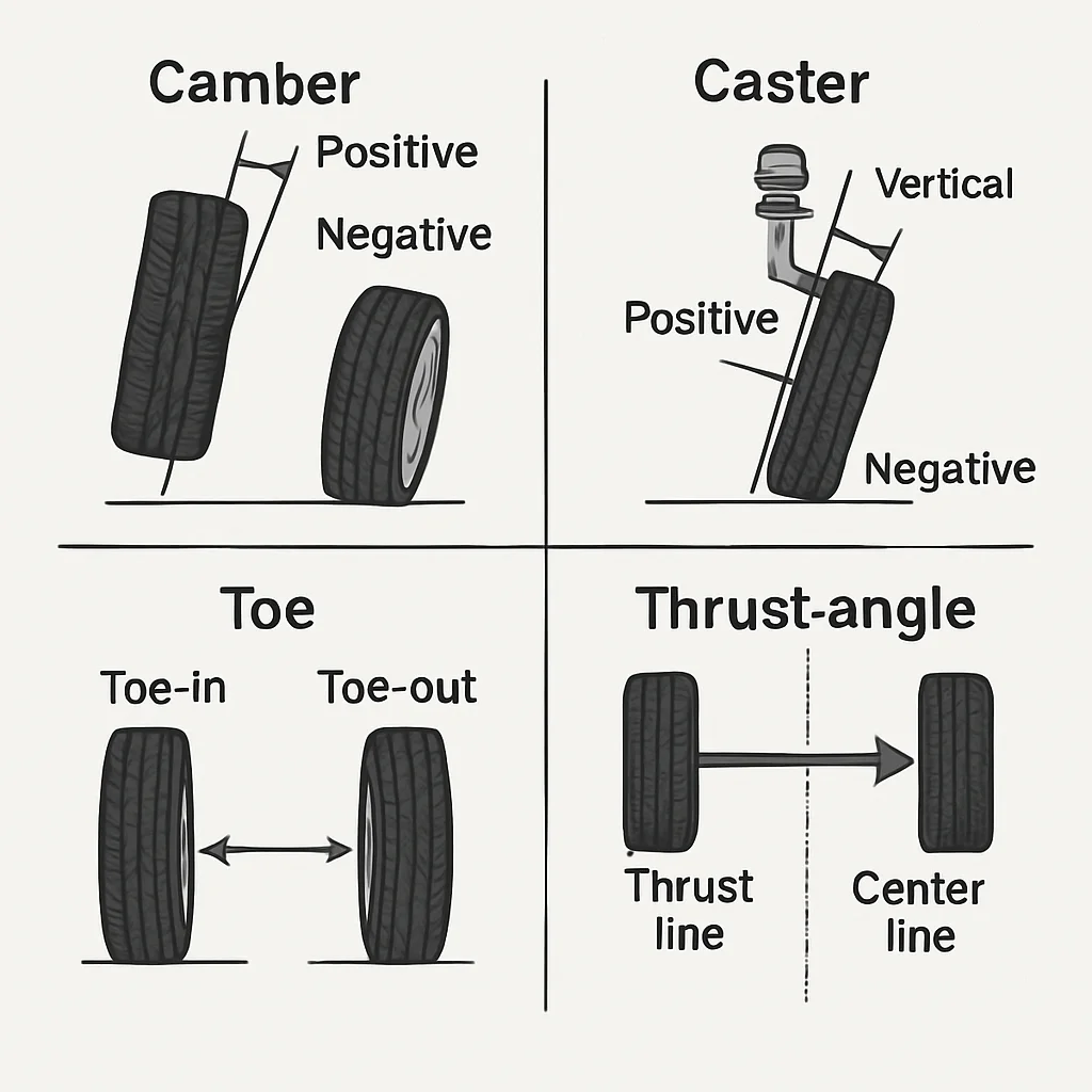 A diagram illustrating the four main alignment angles: camber, caster, toe, and thrust angle.