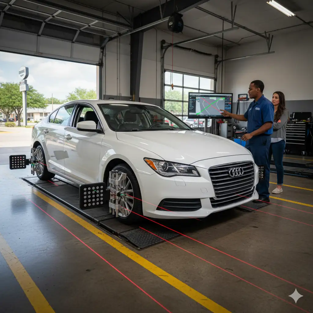 A car on a state-of-the-art wheel alignment rack with laser sensors at an auto repair shop in Sugar Land.