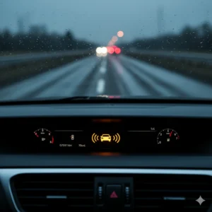 Dashboard light showing a car with squiggly lines, indicating active traction control or slippery road conditions.