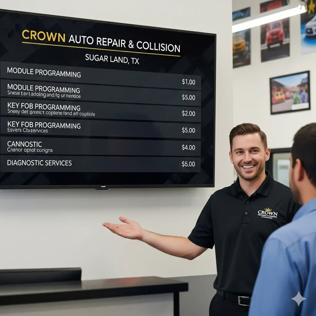 A smiling Crown Auto Repair service advisor gestures towards a digital display showing pricing for various car programming and coding services, including module and key fob programming, while talking to a customer.