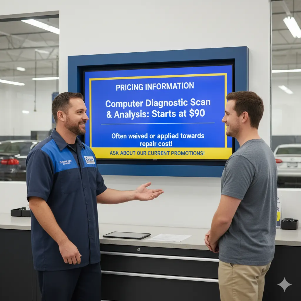 A Crown Auto Repair service advisor discusses pricing information for a computer diagnostic scan with a customer, standing in front of a digital display showing the cost starts at $90.