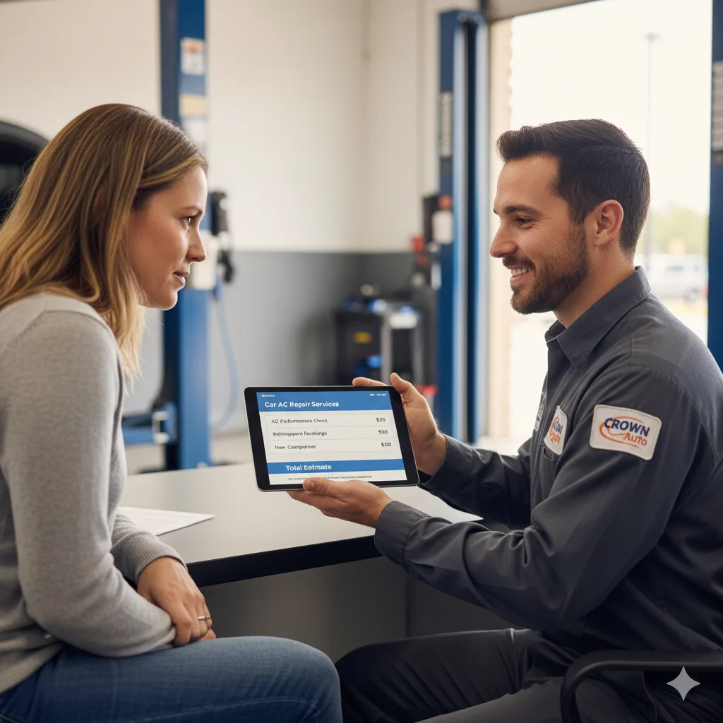 A customer reviewing a transparent car AC repair quote with a service advisor in a Sugar Land auto repair shop