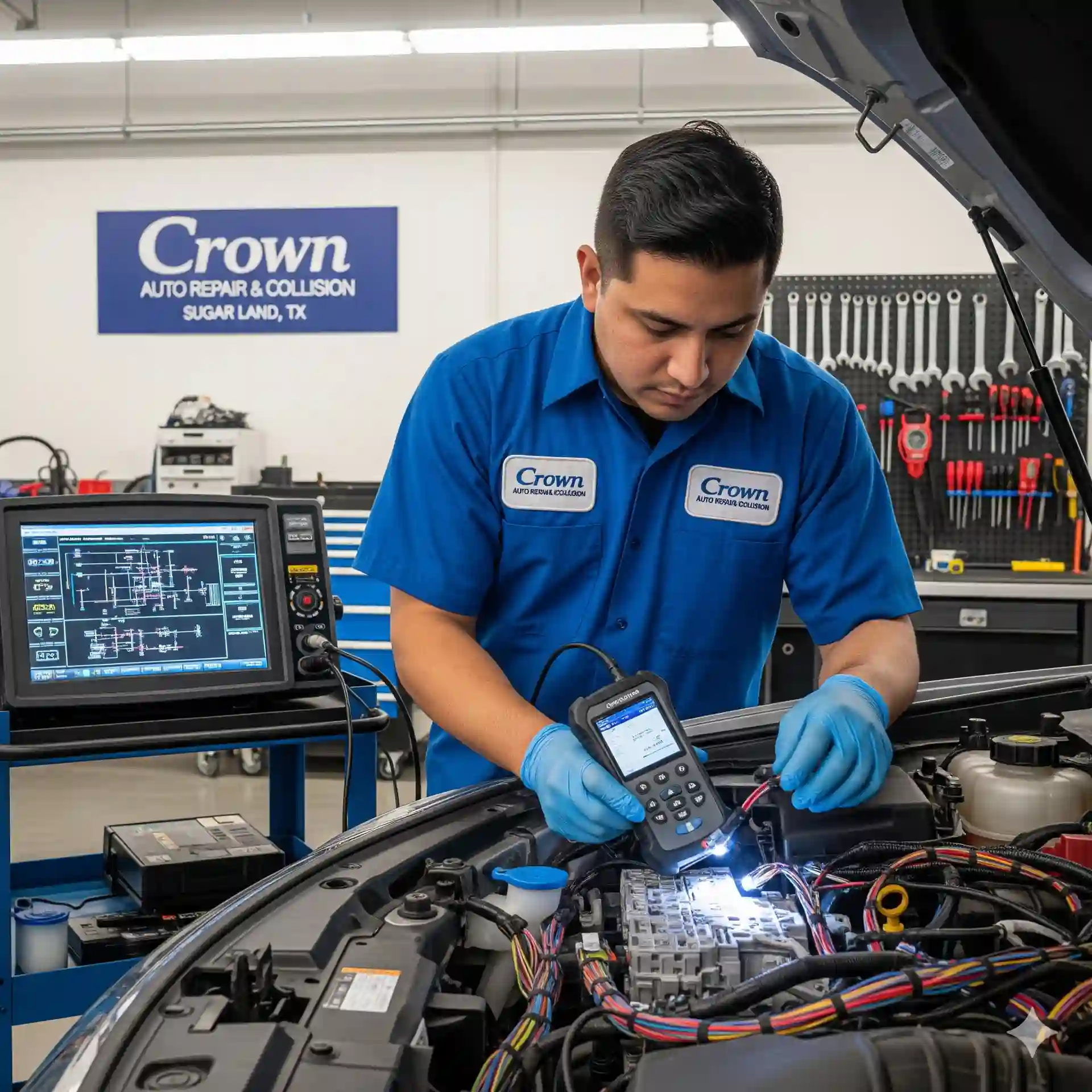 A male technician wearing blue gloves uses a handheld diagnostic tool to work on a car's complex electrical system and fuse box, with a larger diagnostic computer in the background.