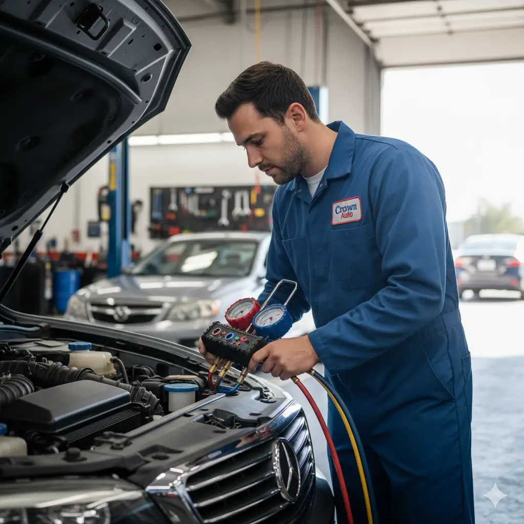 An expert mechanic diagnosing a car's AC system under the hood at an auto repair shop in Sugar Land