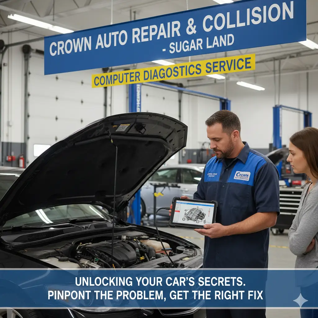 A Crown Auto Repair & Collision technician uses a tablet to show a customer the results of a computer diagnostic scan on her car.