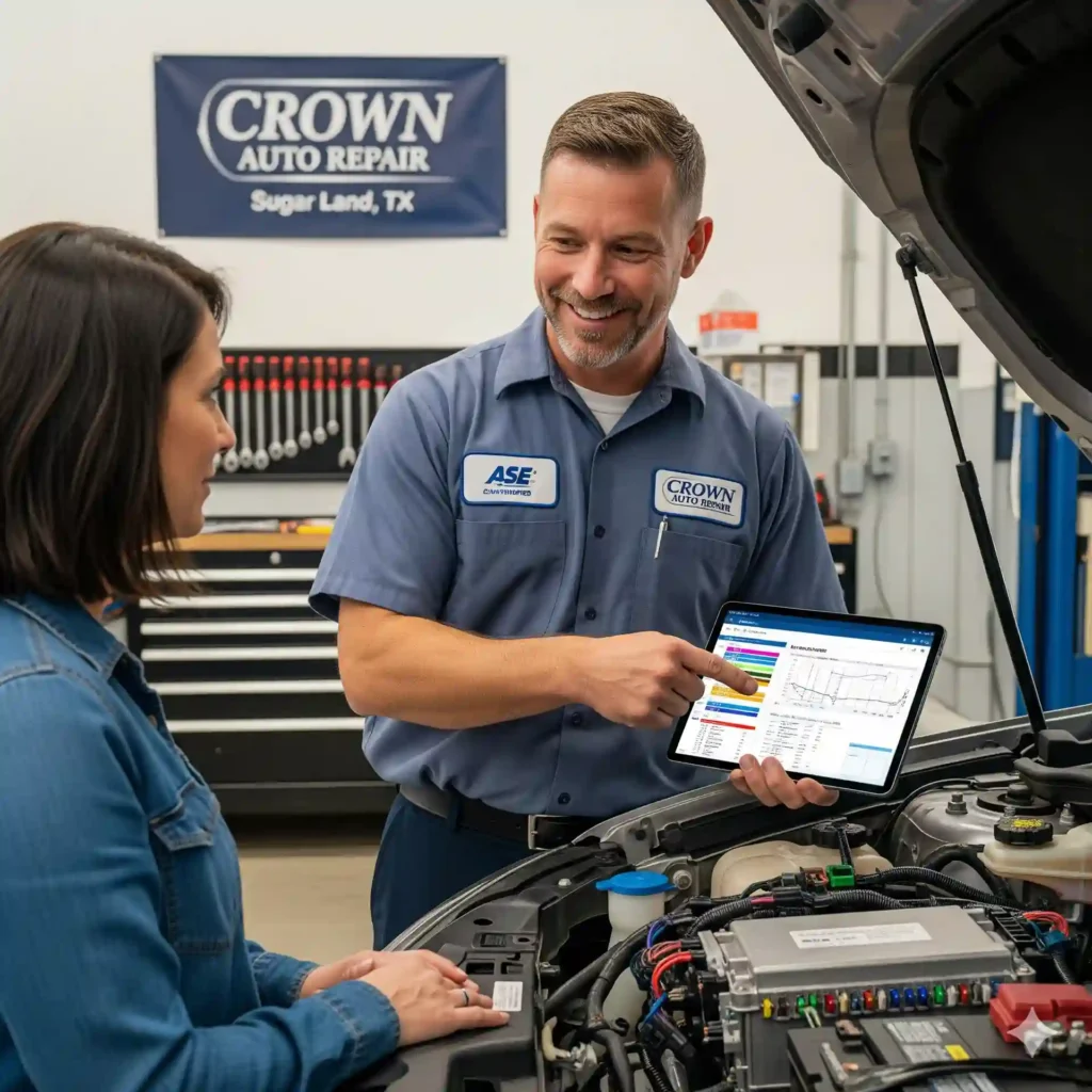A smiling, ASE-certified technician at Crown Auto Repair uses a tablet to show a female customer a diagnostic report on her car's electrical system. The car's hood is open, and electrical components are visible.