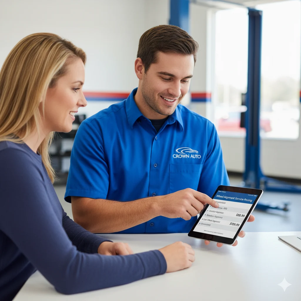 A friendly service advisor explaining wheel alignment service pricing and options to a customer on a tablet in Sugar Land.