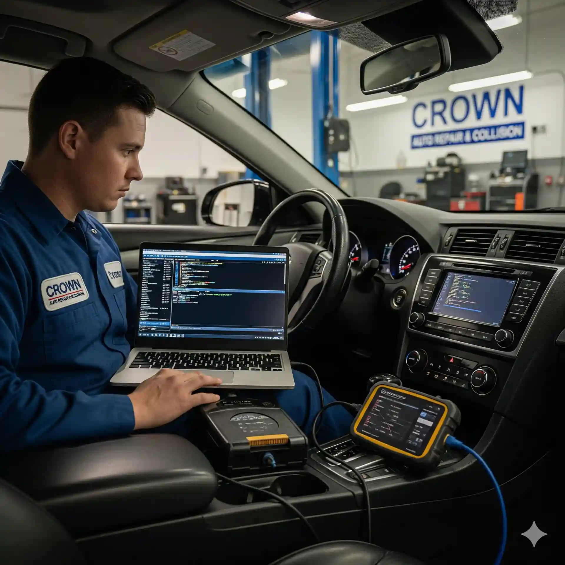 A professional technician at Crown Auto Repair in Sugar Land uses a laptop and specialized tools to program a car's computer system. The image highlights the advanced, high-tech nature of car coding.
