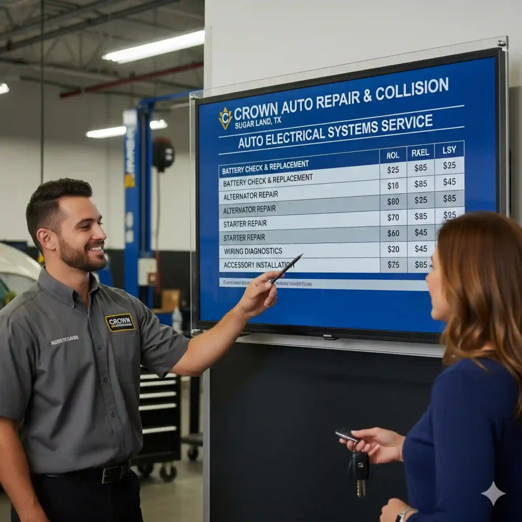 A Crown Auto Repair service advisor points to a digital screen that displays a clear price list for various electrical system services, including battery and alternator replacement, while speaking with a customer.