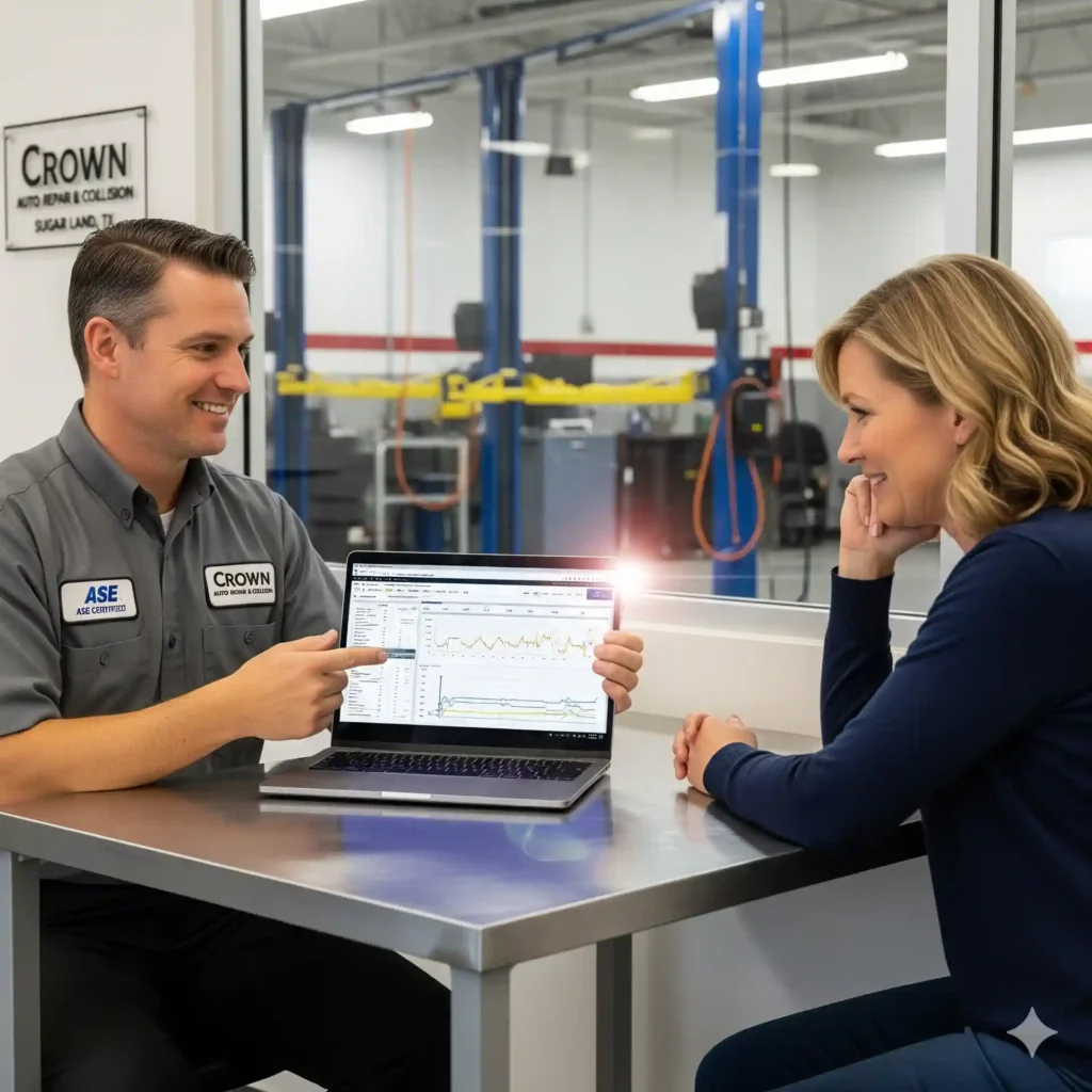 An ASE-certified Crown Auto Repair technician points to data on a laptop screen, explaining a programming report to a female customer in a friendly manner. The repair shop floor is visible through the window behind them.