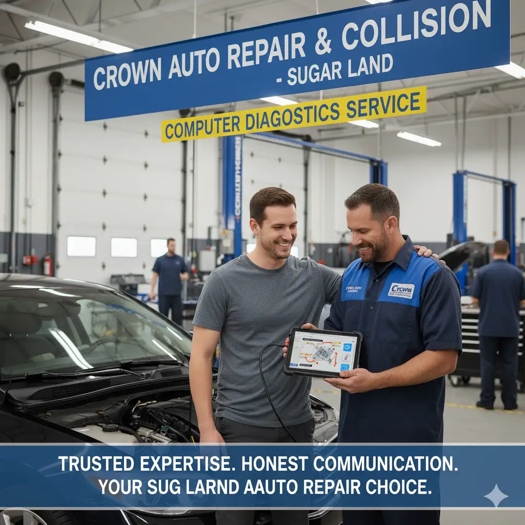 An ASE-certified technician at Crown Auto Repair & Collision connects a diagnostic tool to a car to read trouble codes.