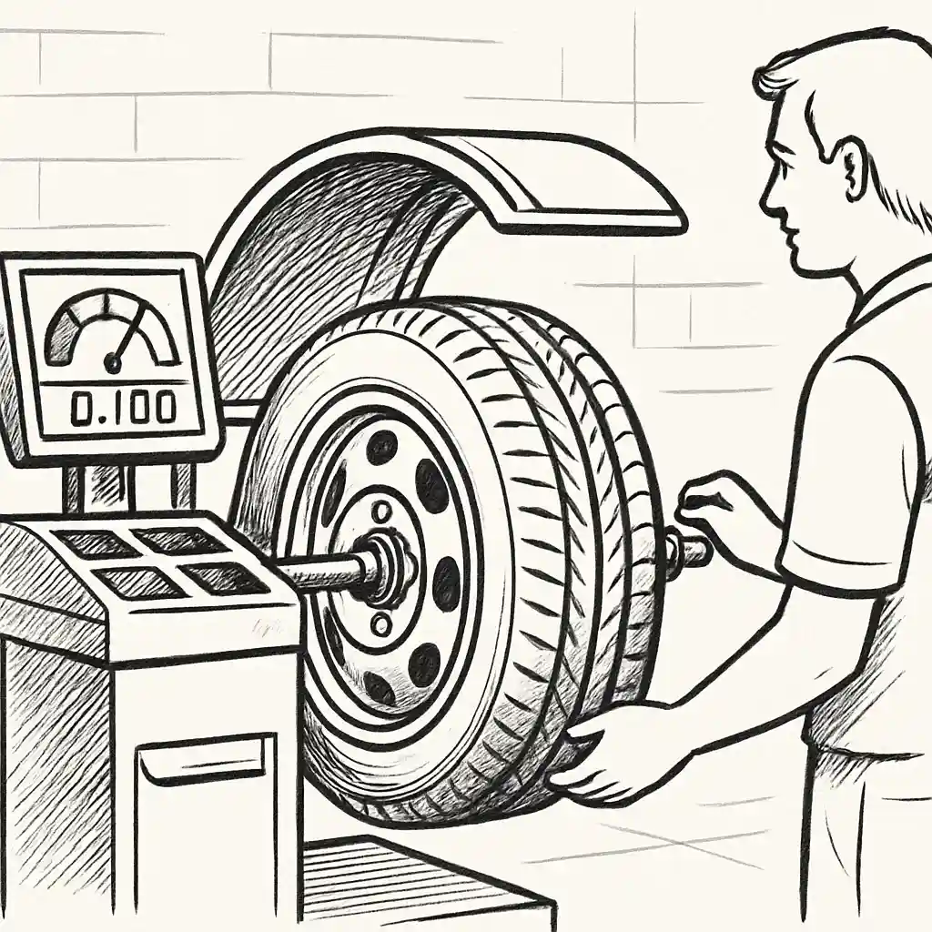 An illustration of a mechanic using a wheel balancing machine to balance a car tire.