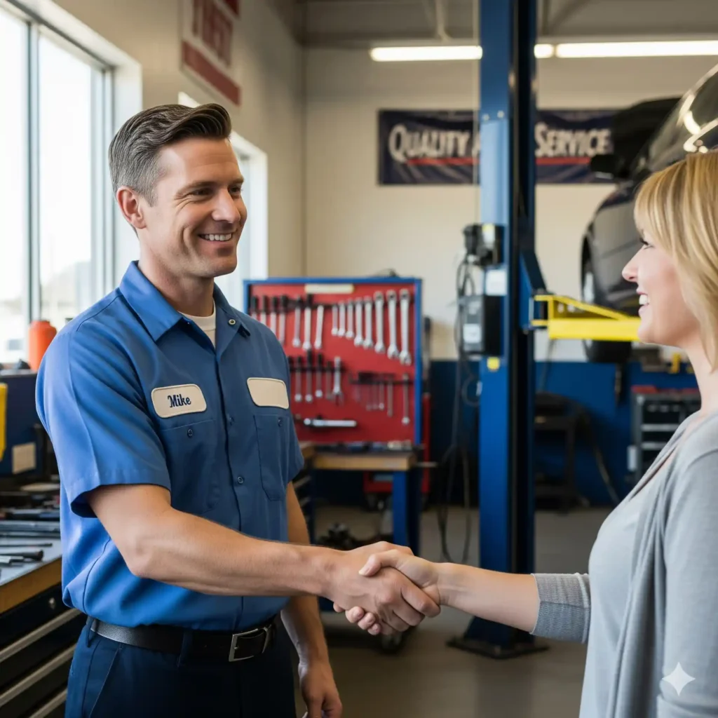 A friendly and trustworthy mechanic shaking hands with a satisfied customer at a professional auto repair shop in Sugar Land
