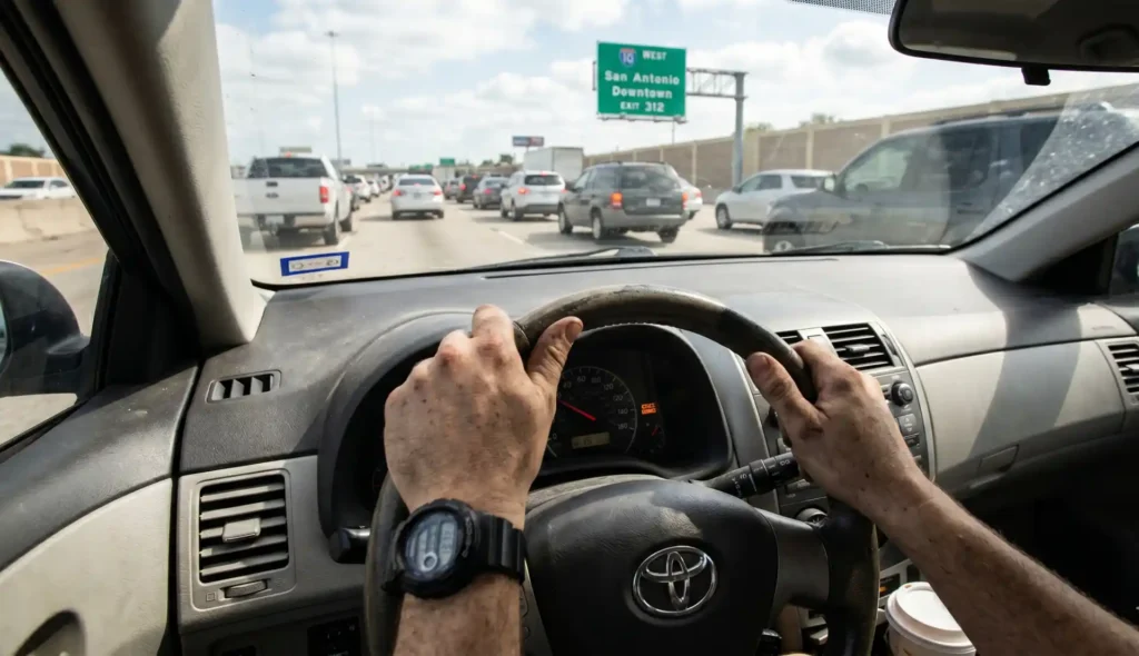 A first-person view of a driver's hands gripping a vibrating steering wheel during an engine misfire car shaking incident on a busy Houston highway, with the check engine light illuminated on the dashboard.