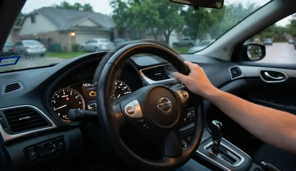 A high-quality real image showing a driver's perspective inside a parked car in Houston. The steering wheel is visibly vibrating and shaking while the car is in 'Park' (P). The dashboard engine warning light is also illuminated, indicating a potential rough idling issue.
