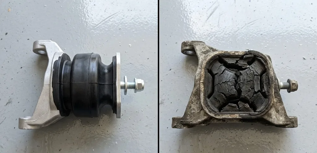 New vs worn engine mount comparison showing rubber deterioration, Sugar Land TX auto repair guide