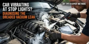 A mechanic using an automotive smoke machine tester to locate a leak in a car engine bay, with white smoke escaping from a cracked intake boot next to a diagnostic tablet displaying a P0171 System Too Lean code