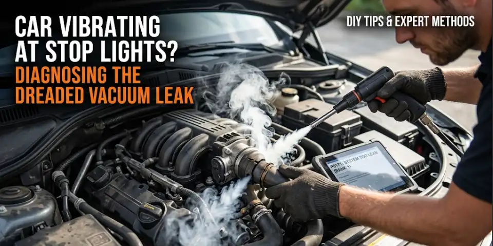 A mechanic using an automotive smoke machine tester to locate a leak in a car engine bay, with white smoke escaping from a cracked intake boot next to a diagnostic tablet displaying a P0171 System Too Lean code