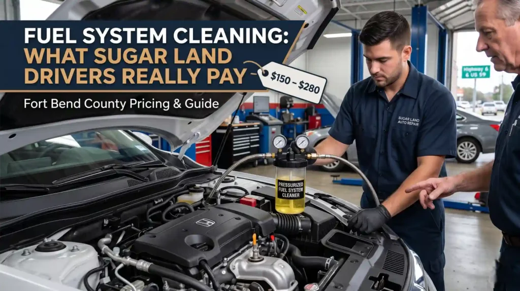 A mechanic performing an on-car pressurized fuel system cleaning service on a Honda engine in a Sugar Land auto repair shop, featuring a graphic text overlay that reads 'FUEL SYSTEM CLEANING: WHAT SUGAR LAND DRIVERS REALLY PAY' alongside a $150-$280 price tag.