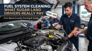 A mechanic performing an on-car pressurized fuel system cleaning service on a Honda engine in a Sugar Land auto repair shop, featuring a graphic text overlay that reads 'FUEL SYSTEM CLEANING: WHAT SUGAR LAND DRIVERS REALLY PAY' alongside a $150-$280 price tag.