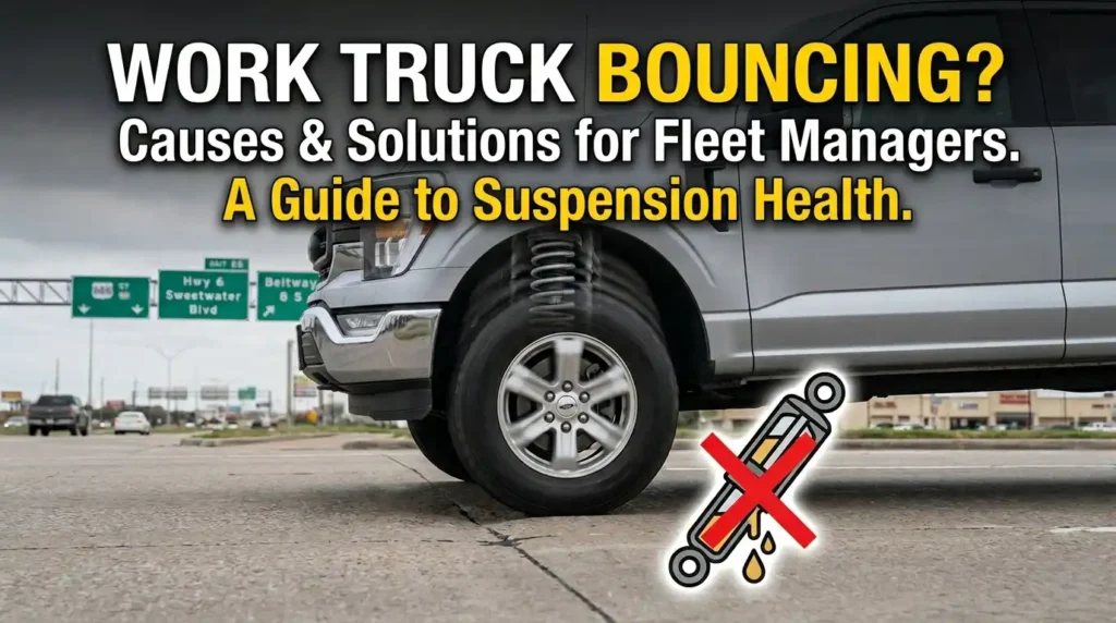 A silver work truck is shown driving over uneven pavement on a highway in Sugar Land, Texas, with significant vertical motion blur on the front wheel to illustrate the concept of bouncing. A call-out graphic displays a diagram of a failed shock absorber with a large red 'X' and leaking fluid. Text overlay reads: 'WORK TRUCK BOUNCING? Causes & Solutions for Fleet Managers. A Guide to Suspension Health.' Blurred green highway signs for Hwy 6 and Sweetwater Blvd provide localized context in the background.