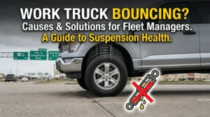 A silver work truck is shown driving over uneven pavement on a highway in Sugar Land, Texas, with significant vertical motion blur on the front wheel to illustrate the concept of bouncing. A call-out graphic displays a diagram of a failed shock absorber with a large red 'X' and leaking fluid. Text overlay reads: 'WORK TRUCK BOUNCING? Causes & Solutions for Fleet Managers. A Guide to Suspension Health.' Blurred green highway signs for Hwy 6 and Sweetwater Blvd provide localized context in the background.