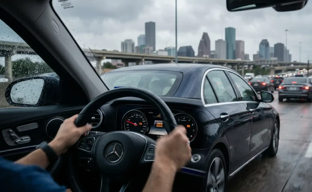 A first-person view inside a Mercedes-Benz driving through wet, heavy traffic on a Houston highway, with the vehicle's "Check Engine" light illuminated on the dashboard and the city skyline visible in the blurred distance. A small "Crown Auto Repair & Collision" logo is in the bottom corner.