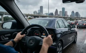 A first-person view inside a Mercedes-Benz driving through wet, heavy traffic on a Houston highway, with the vehicle's "Check Engine" light illuminated on the dashboard and the city skyline visible in the blurred distance. A small "Crown Auto Repair & Collision" logo is in the bottom corner.