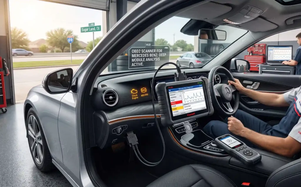 A technician performs a benz diagnosis in a Sugar Land repair shop, using a specialized handheld OBD2 scanner connected to a silver Mercedes-Benz sedan. The scanner screen displays specific fault codes and data graphs, with a stylized HUD overlay indicating 'DEEP MODULE ANALYSIS ACTIVE'.