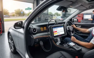 A technician performs a benz diagnosis in a Sugar Land repair shop, using a specialized handheld OBD2 scanner connected to a silver Mercedes-Benz sedan. The scanner screen displays specific fault codes and data graphs, with a stylized HUD overlay indicating 'DEEP MODULE ANALYSIS ACTIVE'.