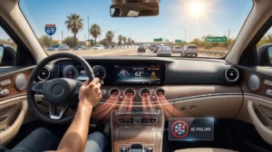 A Mercedes-Benz interior driving in hot Sugar Land, Texas, traffic, showing heat waves rising from vents and a dashboard indicating a 104°F outdoor temperature with an AC failure.