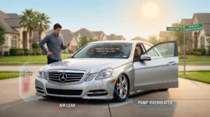 A Mercedes-Benz sedan in a Sugar Land driveway with a deflated airmatic suspension, showing a dashboard warning 'Stop, Vehicle Too Low!' due to a rubber air bag leak.