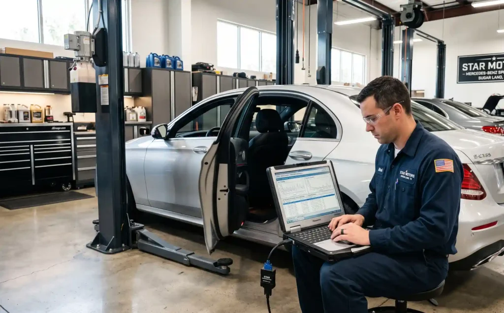 A certified technician in Sugar Land, TX, using specialized Mercedes-Benz programming tools and a diagnostic laptop for online SCN module coding