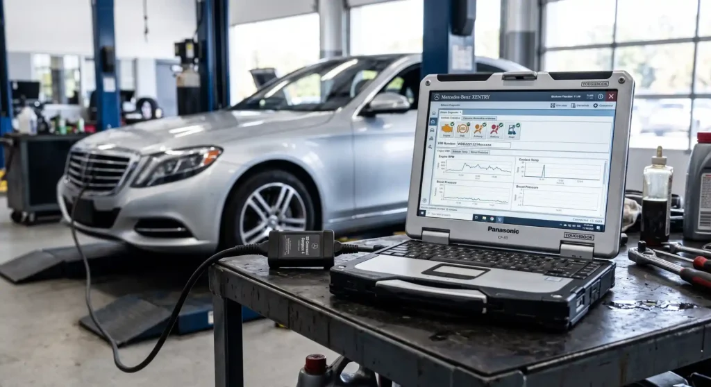A rugged diagnostic laptop displaying Mercedes Benz Xentry diagnostic software connected to a Mercedes vehicle inside a professional repair shop.