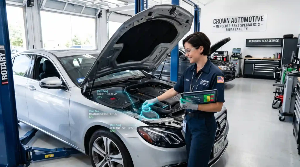 A certified technician performing a comprehensive multi-point inspection on a Mercedes-Benz sedan at a Sugar Land, TX repair shop