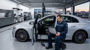 A certified technician using a Mercedes Star Diagnostic tool and Xentry laptop to perform a factory scan on a Mercedes-Benz in Sugar Land, TX.
